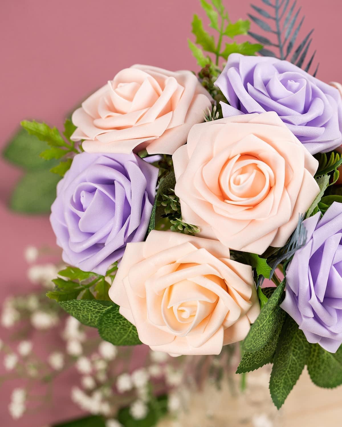 ライトパープル ローズ 造花 花束 アレンジメント Amazon｜造花ローズフラワー50個 ライトパープルフォーム ステム付き